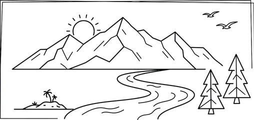 Fototapeta premium Mountain landscape line art illustration featuring sun, winding river, pine trees, and birds