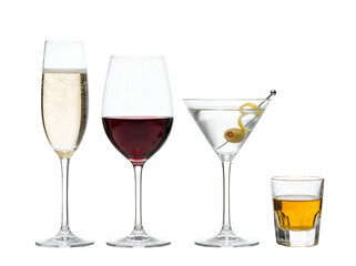 Fototapeta premium Set of various alcoholic drinks including champagne, red wine, martini with olive and lemon twist, and a shot glass isolated on transparent background
