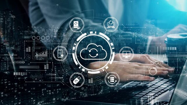 Modern Businessman Working on Laptop with Cloud Technology Visual Above in Urban Setting, Showcasing Digital Transformation and Innovation. Entropy.