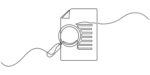Obraz premium Paper document with magnifying glass one line, Office notes concept, Business analysis concept, Continuous one line drawing of Paper document with magnifying glass. Single line drawing illustration .
