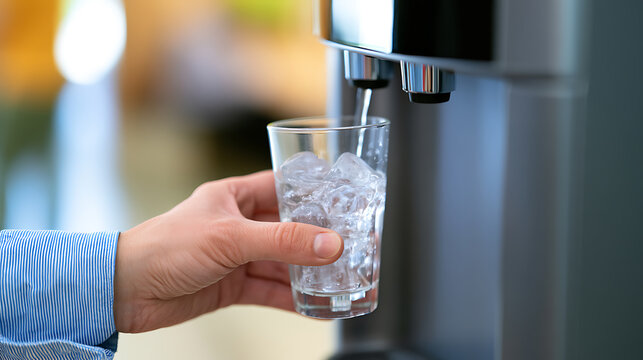 Close up of person hand fill glass with ice cube and cold fresh water from office dispenser machine close up modern appliance daily life
