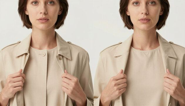 Portraits of women twins holding the lapels of a beige coat in their