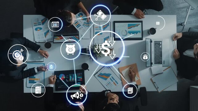 Modern budgeting and financial management icons showing finance, savings, tax, and planning. Budget supports business strategy, budget helps growth, and budgeting ensures financial control. Funnel