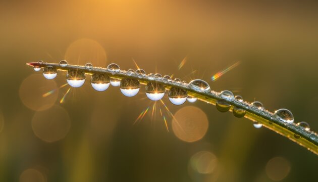 Morning dew on a blade of grass glows in warm light offering a symbolic view of renewal fragility and natural beauty. It hints at sunrise scenes found in rural fields across various temperate regions