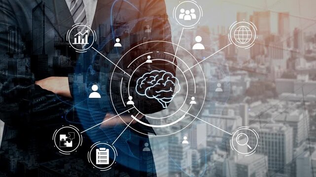 Businessman in Suit Overlooking Cityscape with Digital Brain and Icons Symbolizing Innovation, Technology, and Connectivity in Modern Corporate Environment. Entropy.