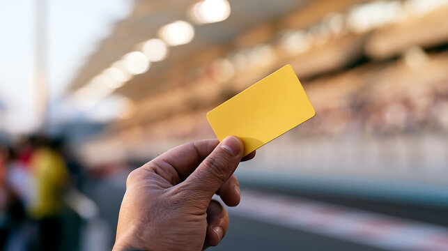 A referee hand hold a yellow card in sport stadium with blurred background, close up shot, penalty concept, penalty decision symbol