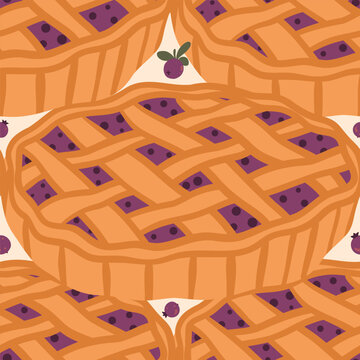 Autumn berry pie vector seamless pattern with woven lattice crust and purple blueberry filling. Thanksgiving bakery food background on milk backdrop for cafe dessert menu or holiday wrap paper