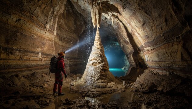 Caver in red suit and helmet stands next to a large stalagmite in a brightly lit cave chamber, with a distant pool of blue water visible