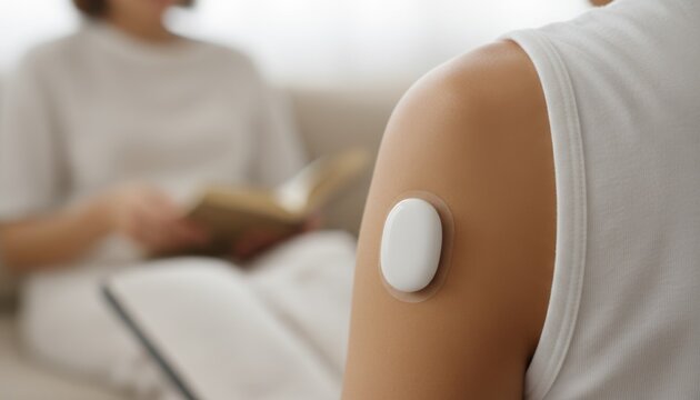 Close up view of white oval medical monitoring patch on shoulder of person sitting with blurred background