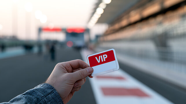 Person hold red and white vip pass access card track background concept luxury privilege hospitality event sport motor circuit stadium