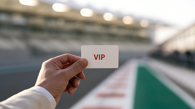 A person hold a white card with VIP text in hand at a modern sports stadium venue, representing exclusive access and luxury guest pass