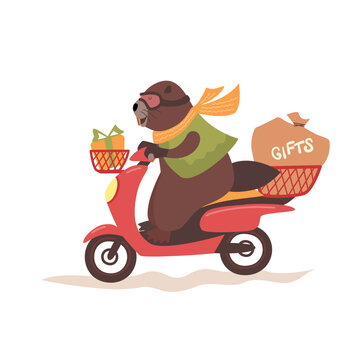 Cute beaver riding a red scooter with gifts, wearing a scarf and goggles. Festive winter illustration for Christmas, holidays, greeting cards and seasonal designs.