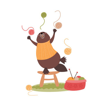 Cute beaver in a knitted sweater balances on a stool and juggles balls of yarn. Cozy vector isolated illustration for knitting, handmade craft themes, and greeting cards.