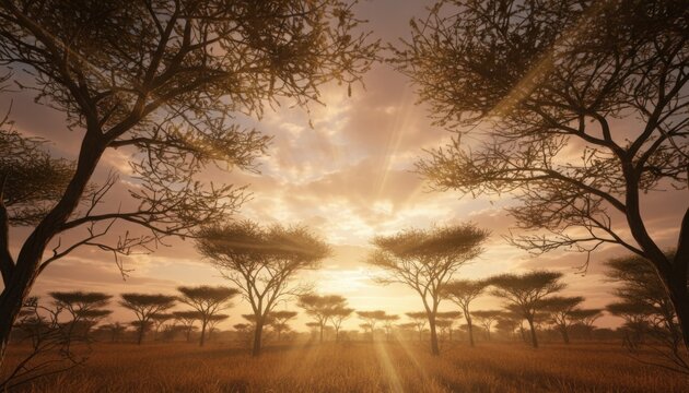 Golden sunset light shining through silhouette of acacia trees in vast african savanna landscape with soft clouds and grass