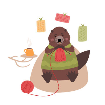 Cute beaver sits in a bean bag chair,knitting red hat and drinking tea.Cozy vector isolated illustration for handmade craft, hobby themes, seasonal designs.