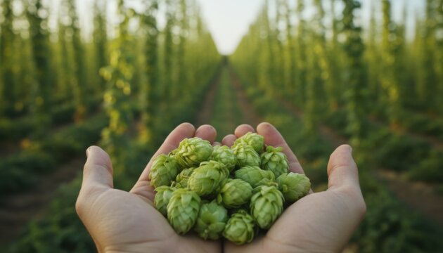 Hands holding pile of green hop cones in front of tall climbing plants in rows on agricultural hop farm