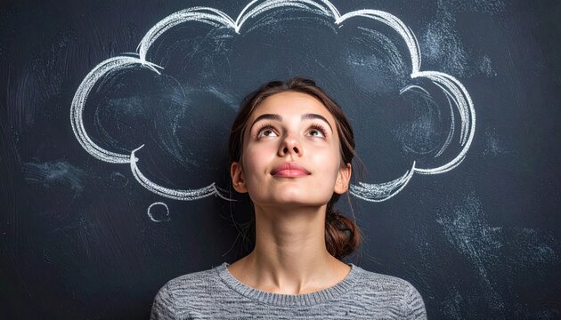 Young woman looking up toward white chalk thought cloud drawn on dark blackboard background symbolizing imagination and creativity