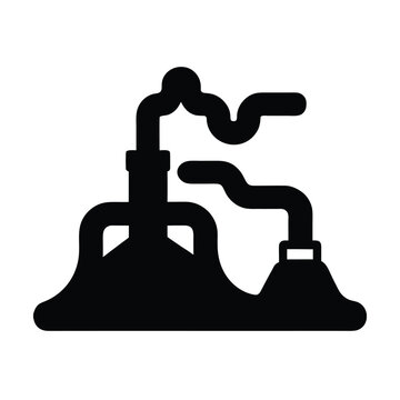 Geothermal energy icon, volcanic landscape with steam vents and geysers, sustainable power source, renewable energy concept, flat vector illustration