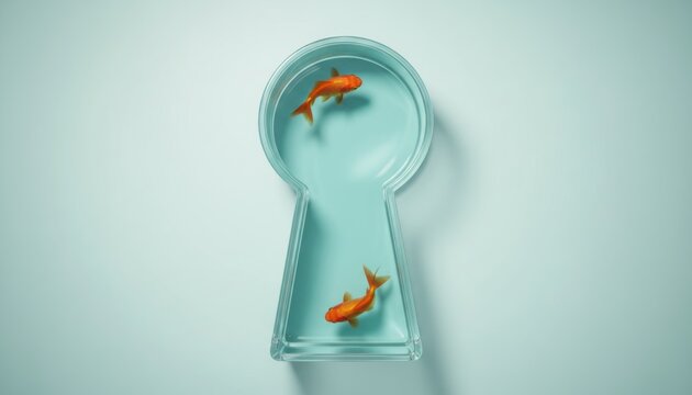 Top view of two goldfish swimming inside clear glass bowl shaped like large keyhole on light blue flat background