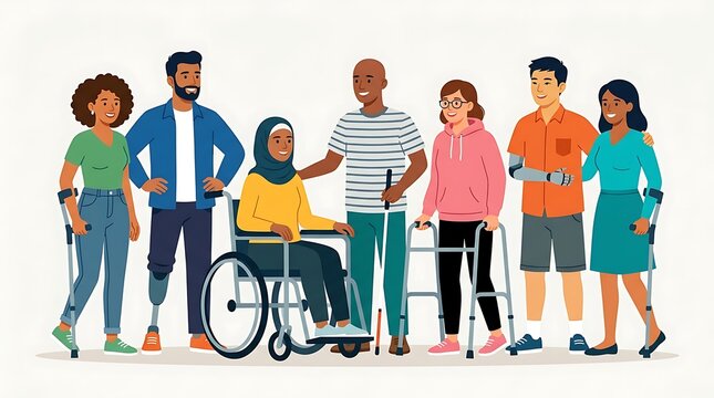 Diverse group of people with various disabilities standing together in a flat vector illustration style