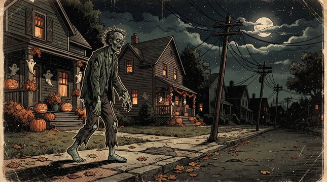 Classic zombie wandering through a decorated suburban neighborhood in a nostalgic vintage horror comic style.