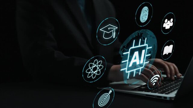 Business Professional Using Laptop with AI Technology Graphics in Dark Background for Innovation and Digital Transformation. Entropy.