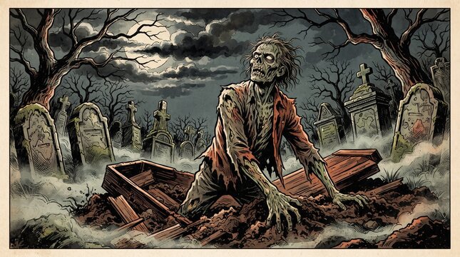 Classic zombie emerging from a cemetery grave in a dramatic nostalgic vintage horror comic book style.