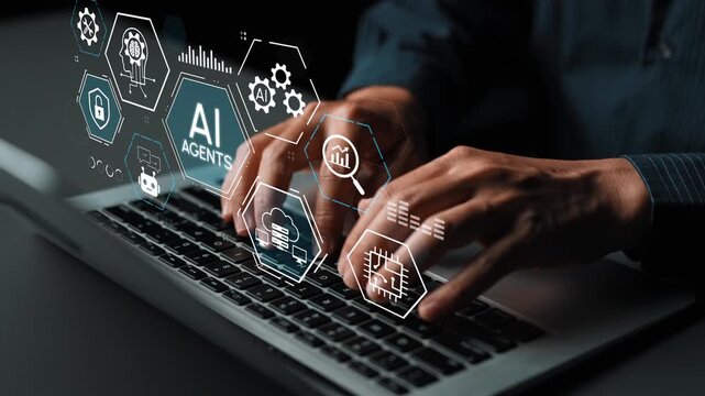 Hands on Keyboard with Digital Icons Representing Artificial Intelligence, Machine Learning, and Data Processing in Modern Technology Environment. Entropy.