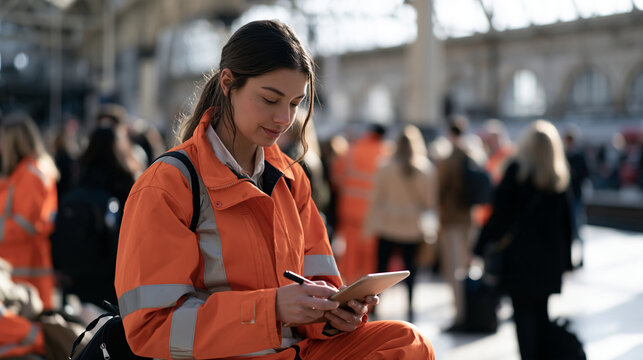 Railway operations worker in a crowded station nervously waiting for approval on a caffeine performance nutrition study sign off, a team huddle forming before a shift briefing