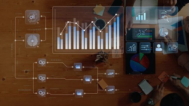Engaging visual representation of data analytics in a business setting, showcasing charts and graphs that inform strategy, enhance decision-making, and drive success. Raster