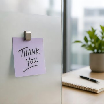 Thank you note pinned on a board in an office