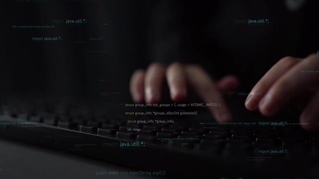 A programmer hands typing on a keyboard, surrounded by digital text elements that illustrate concepts in technology and software development, capturing the essence of coding. Xenic
