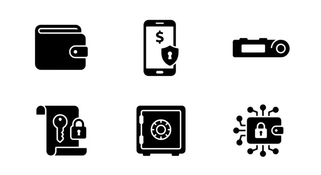 Digital Wallet Security Icons, Financial Protection Symbols, Secure Payment Icons, Cryptocurrency Wallet Vector Set