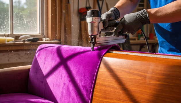 Skilled upholsterer using staple gun to attach purple fabric to wooden furniture frame in workshop, professional craftsmanship trade with copy space for text