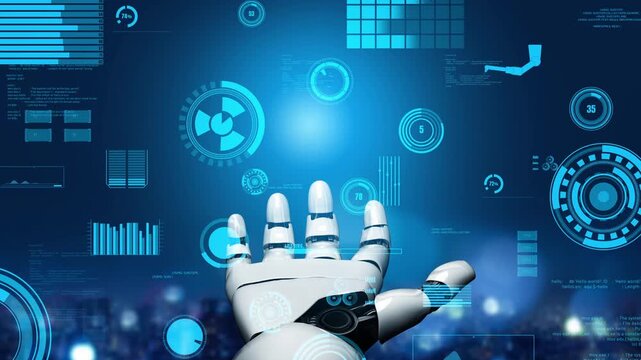 A robotic hand emerges in a high-tech setting, engaging with an array of dynamic data visualizations, emphasizing the evolution of technology and human interaction. Xenic