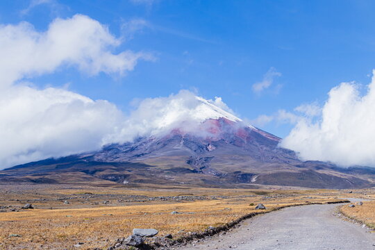 A scenic view of the active, snow-capped Cotopaxi Volcano partially covered by clouds, with a dirt trekking trail leading through the high-altitude paramo grasslands in the Andes Mountains of Ecuador