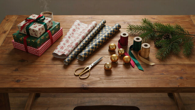 Handmade holiday gift wrapping supplies arranged on rustic wooden table with decorative elements