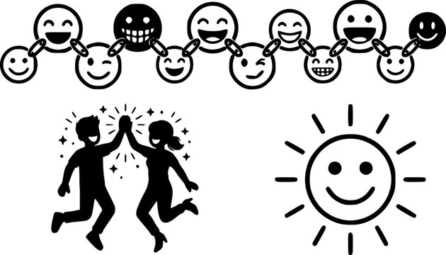 Black and white fun and positivity illustration set featuring smiley face emoji chain jumping celebration high five and smiling sun representing happiness joy and positive energy for social and lifest
