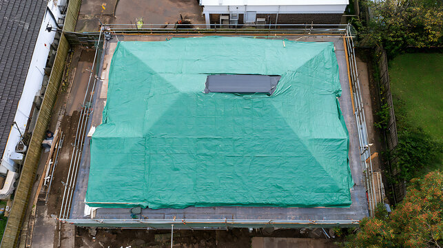 Aerial view of a house roof covered with green waterproof protective tarpaulin sheet and safety scaffolding during residential building work