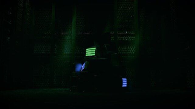 3Dアニメーション　カラフルに明滅する廃棄されたブラウン管テレビの山　ズームアウト