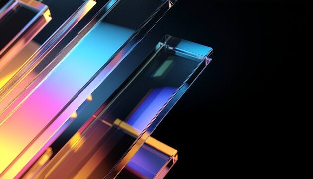 Minimalistic 3D rendering for corporate tech and luxury product advertising featuring transparent glass bars and geometric cuboids with colorful light refraction