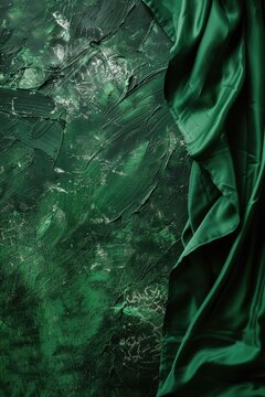 Saudi National Day, green curtain on rough stone background, vertical banner, copy space, free space for text