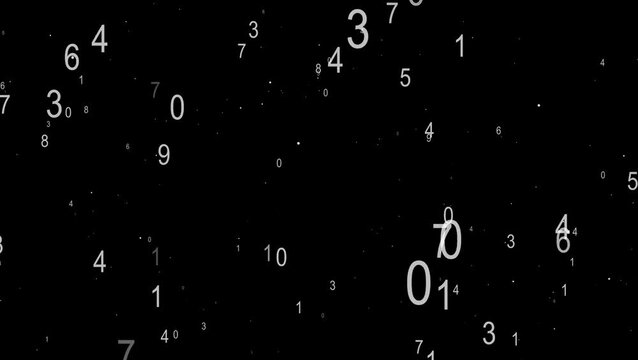 Floating Random Numbers Animation Abstract Digital Data in Black Solid Background. Mathematics, Statistics, Technology, And Computing Concepts.