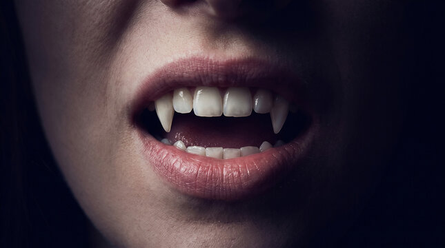 Close up of a woman wearing sharp vampire fangs for a spooky Halloween costume concept.