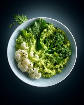 Overhead View of a Light Blue Bowl Filled with Vibrant Green Broccoli Rabe Mash