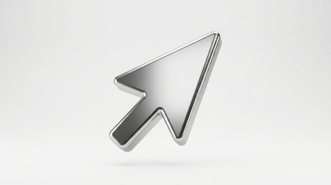 Shiny metallic computer mouse arrow cursor icon isolated on a neutral background