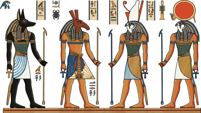 Egyptian gods including Anubis, Seth, Horus, and Ra are depicted as stylized illustrations with ancient hieroglyphs on a white background.