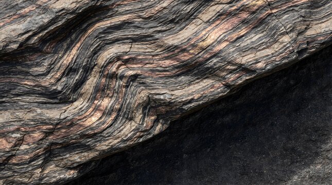Abstract dark rock surface with natural wavy layers and small orange and pink mineral deposits showing geological texture