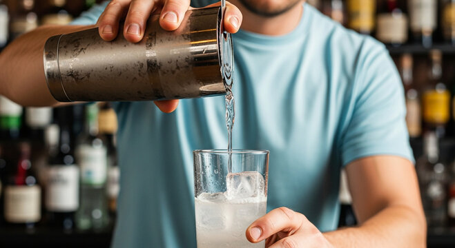 Bartender pouring a clear liquid from a cocktail shaker into a glass filled with ice cubes and a light colored beverage