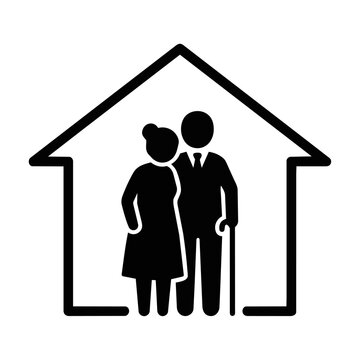 Minimalist black silhouette icon of an elderly couple standing inside a stylized house, isolated on white. Senior care and housing concept